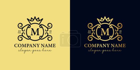 goldene Luxusinitialen Buchstabe M mit Ornament und Kronensymbol für Ihre königliche Marke, Hochzeit, dekoratives Logo