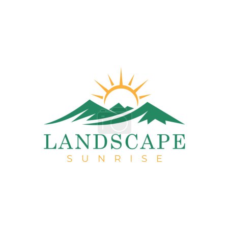 Minimalist Landscape Hills Mountain Peaks Diseño de logotipo vectorial. montaña al aire libre con sol amanecer logo