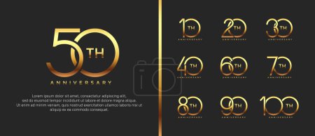Illustration for Set of anniversary logo gold color on black background for celebration moment - Royalty Free Image