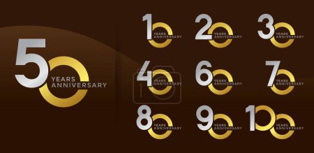 Illustration for Set of Anniversary logotype silver and golden color with brown background for celebration - Royalty Free Image