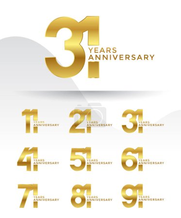 Conjunto de logotipo de aniversario y color dorado con fondo blanco para la celebración
