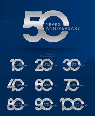 Téléchargez les illustrations : Ensemble de logotype anniversaire et couleur argent avec fond bleu pour la célébration - en licence libre de droit