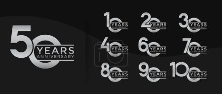 Téléchargez les illustrations : Ensemble de logotype anniversaire couleur argent avec fond noir pour la célébration - en licence libre de droit
