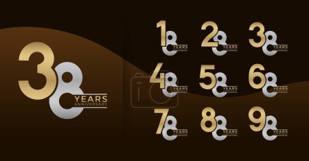 Illustration for Set of Anniversary logotype gold and silver color with brown background for celebration - Royalty Free Image