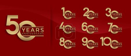 Illustration for Set of Anniversary logotype gold color with red background for celebration - Royalty Free Image