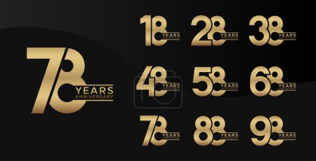 Illustration for Set of Anniversary logotype gold color with black background for celebration - Royalty Free Image