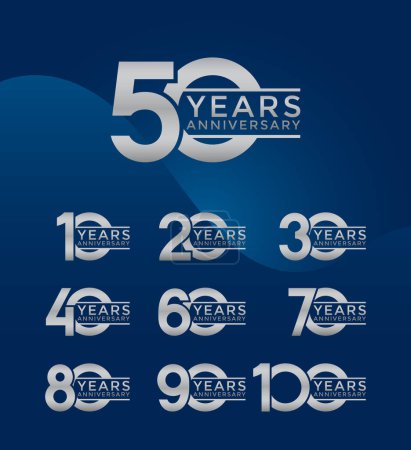 Téléchargez les illustrations : Ensemble de logotype anniversaire couleur argent avec fond bleu pour la célébration - en licence libre de droit