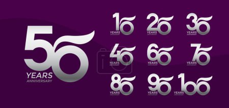 Ilustración de Set de logotipo Aniversario color plata con fondo púrpura para la celebración - Imagen libre de derechos