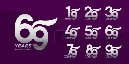 Set de logotipo Aniversario color plata con fondo púrpura para la celebración