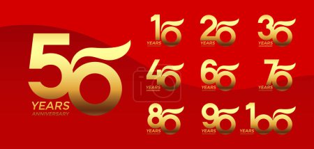 Ilustración de Conjunto de logotipo Aniversario de color dorado con fondo rojo para la celebración - Imagen libre de derechos