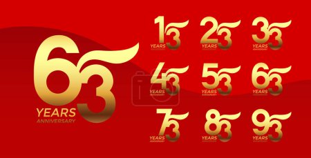 Set of Anniversary logotype golden color with red background for celebration