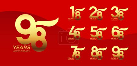 Illustration for Set of Anniversary logotype golden color with red background for celebration - Royalty Free Image
