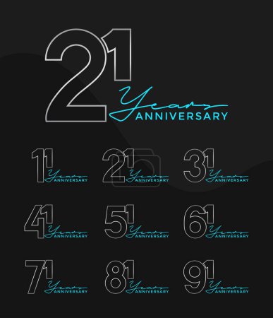 Set of Anniversary outline logotype silver and green color with black background for celebration