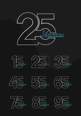 Set of Anniversary outline logotype silver and green color with black background for celebration