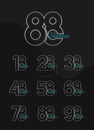 Illustration for Set of Anniversary outline logotype silver and green color with black background for celebration - Royalty Free Image