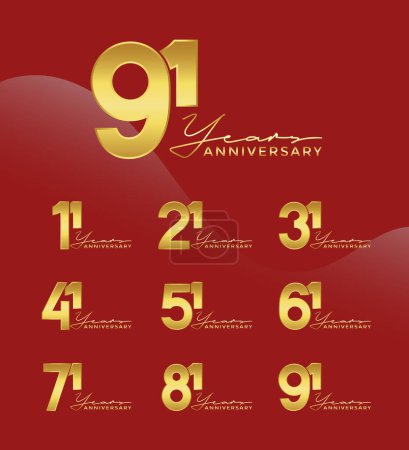 Conjunto de logotipo Aniversario color oro con fondo rojo para la celebración