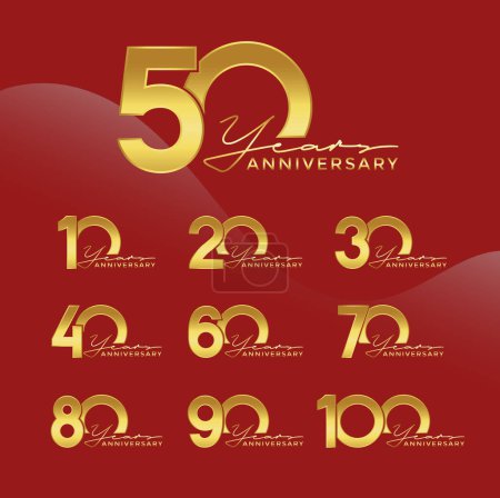Illustration for Set of Anniversary logotype gold color with red background for celebration - Royalty Free Image