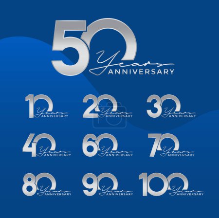 Illustration for Set of Anniversary logotype silver color with blue background for celebration - Royalty Free Image