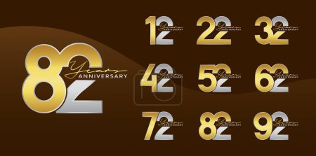 Téléchargez les photos : Ensemble de logotype anniversaire couleur argent doré avec fond brun pour la célébration - en image libre de droit