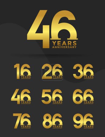 Ensemble de logotype anniversaire couleur dorée avec fond noir pour la célébration
