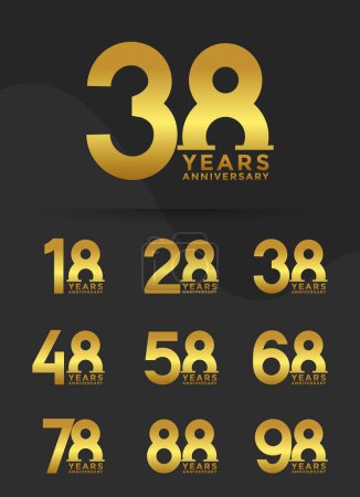 Conjunto de logotipo Aniversario de color dorado con fondo negro para la celebración