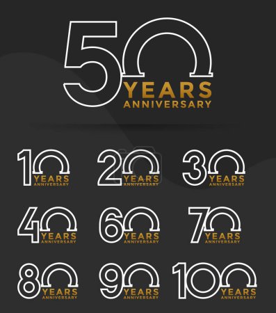 Illustration for Set of Anniversary outline logotype golden and silver color with black background for celebration - Royalty Free Image