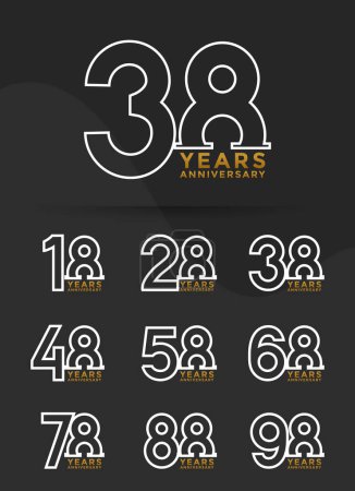 Illustration for Set of Anniversary outline logotype golden and silver color with black background for celebration - Royalty Free Image