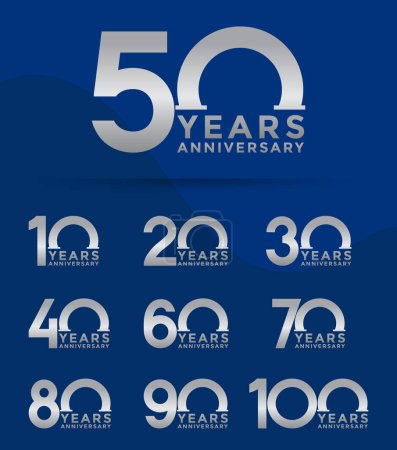 Ilustración de Conjunto de logotipo de aniversario y color plata con fondo azul para la celebración - Imagen libre de derechos