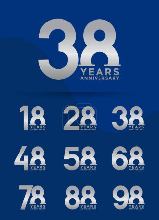 Illustration for Set of Anniversary logotype and silver color with blue background for celebration - Royalty Free Image