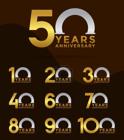 Ilustración de Conjunto de logotipo de aniversario y color oro plateado con fondo marrón para la celebración - Imagen libre de derechos