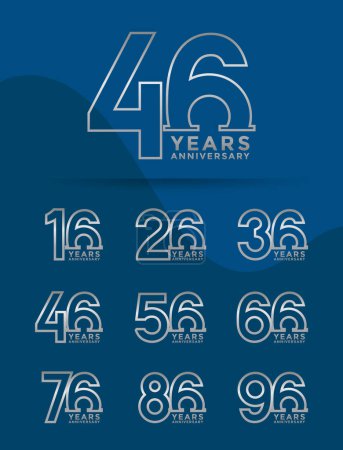 Ensemble de logotype anniversaire contour et couleur argent avec fond bleu pour la célébration