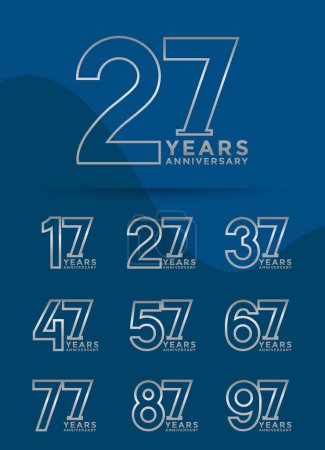 Illustration for Set of Anniversary outline logotype and silver color with blue background for celebration - Royalty Free Image