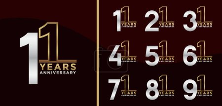 Set of Anniversary logotype and gold and silver color with brown background for celebration
