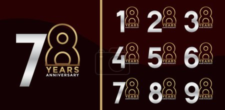 Illustration for Set of Anniversary logotype and gold and silver color with brown background for celebration - Royalty Free Image