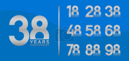 Conjunto de logotipo de aniversario y color plata con fondo azul para la celebración