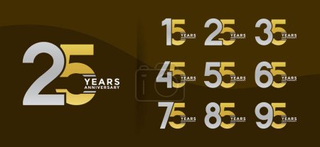 Illustration for Set anniversary logo style with golden and silver color on brown background for special moment - Royalty Free Image