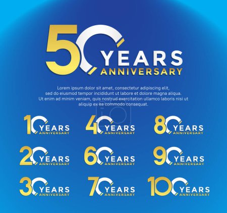 Ilustración de Conjunto aniversario logotipo de oro y plata de color con barra en color azul para el momento especial - Imagen libre de derechos