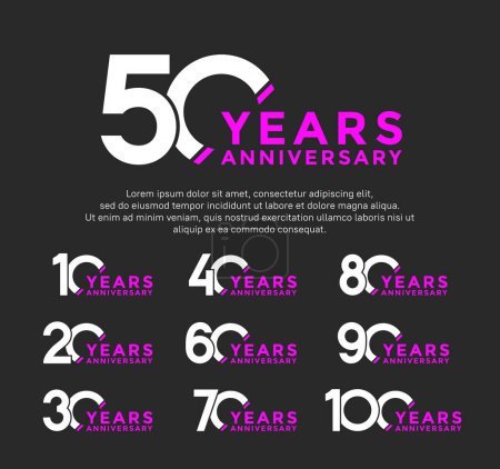 Téléchargez les illustrations : Ensemble anniversaire logo style blanc et violet couleur isolé sur fond noir pour un grand événement - en licence libre de droit