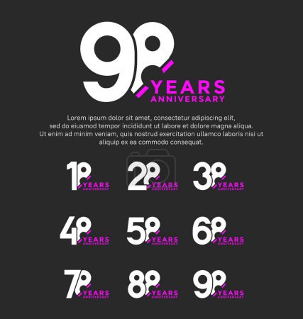 set aniversario logo estilo blanco y púrpura color aislado sobre fondo negro para gran evento