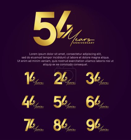 Set Jahrestag goldene Farbe Logotyp Stil mit Hand Schriftzug auf lila Hintergrund