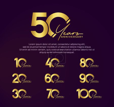 Illustration for Set anniversary golden color logotype style with hand lettering on purple background - Royalty Free Image