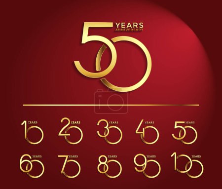 Illustration for Set anniversary golden color logotype style with overlapping number on red background - Royalty Free Image