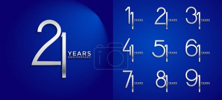 conjunto aniversario color plata logotipo estilo con número superpuesto sobre fondo azul
