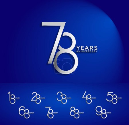 Illustration for Set anniversary silver color logotype style with overlapping number on blue background - Royalty Free Image