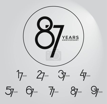 Illustration for Set anniversary flat black color logotype style with overlapping number on white background - Royalty Free Image