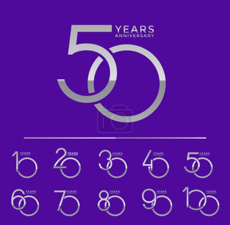 Téléchargez les illustrations : Ensemble anniversaire couleur argent style logotype avec nombre de chevauchement sur fond violet et blanc - en licence libre de droit