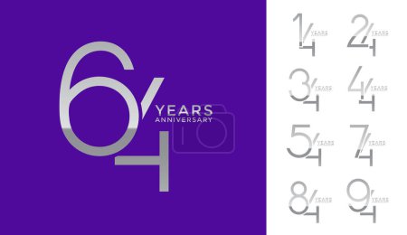conjunto aniversario color plata logotipo estilo con número superpuesto sobre fondo púrpura y blanco