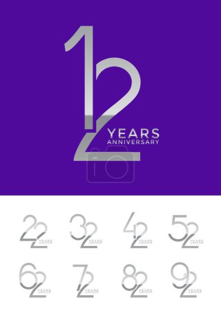 conjunto aniversario color plata logotipo estilo con número superpuesto sobre fondo púrpura y blanco