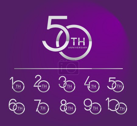 Téléchargez les illustrations : Ensemble de logo anniversaire de style couleur argent numéro se chevauchant sur fond violet pour la célébration - en licence libre de droit