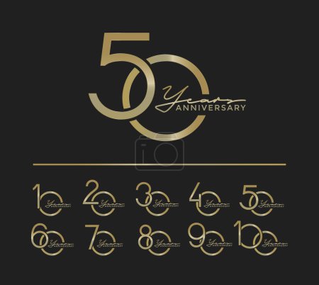 Illustration for Set of anniversary with calligraphy gold color on black background for special moment - Royalty Free Image